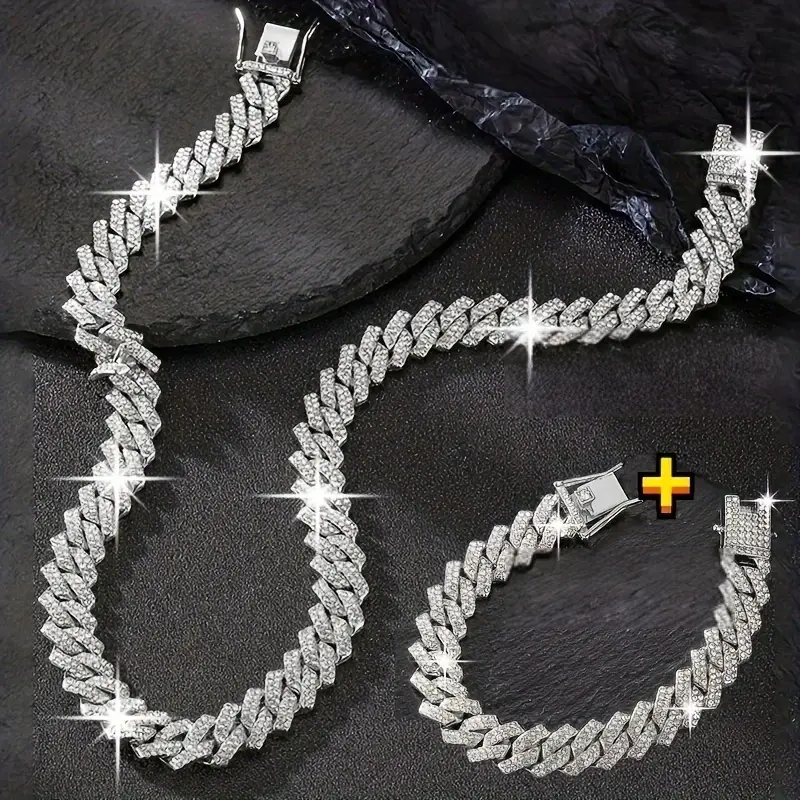 Unisex 2-Piece Stainless Steel Jewelry Set - Luxury Y2K Cuban Link Necklace, Hip-Hop Miami Rapper Chain, Crypto-Inspired Accessories with Matching Heart Charm, Ankh, Layered Cross & Platinum Zircon Accents Anchor Pendant