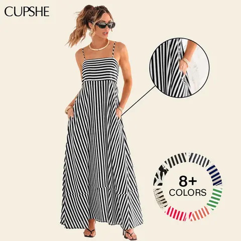 CUPSHE Women's Striped Woven Boho Style Casual Dress - Sleeveless, Square Neck, Ruffle Hem, Flattering, 100% Polyester, Maxi Length, Easy Coverage, Resort Wear for Women, Summer Vacation Use