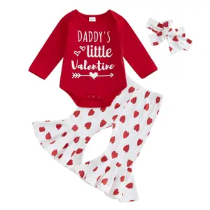 Newborn Baby Girl Valentines Outfit Letter Print Long Sleeve Romper Heart Flare Pants Headband 3Pcs Clothes Set