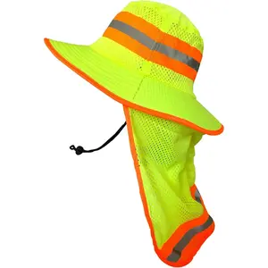Men High Visibility Reflective Sun Hat with  Flap Wide Brim Boonie Hat Bucket Cap