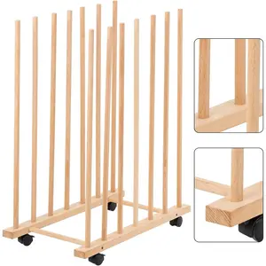 Large Art Storage Rack with Four Caster Wheels - Wooden Canvas Storage Stand Holds Up to 60" Drawing Boards, Prints, Panels, Paintings and Artworks Display