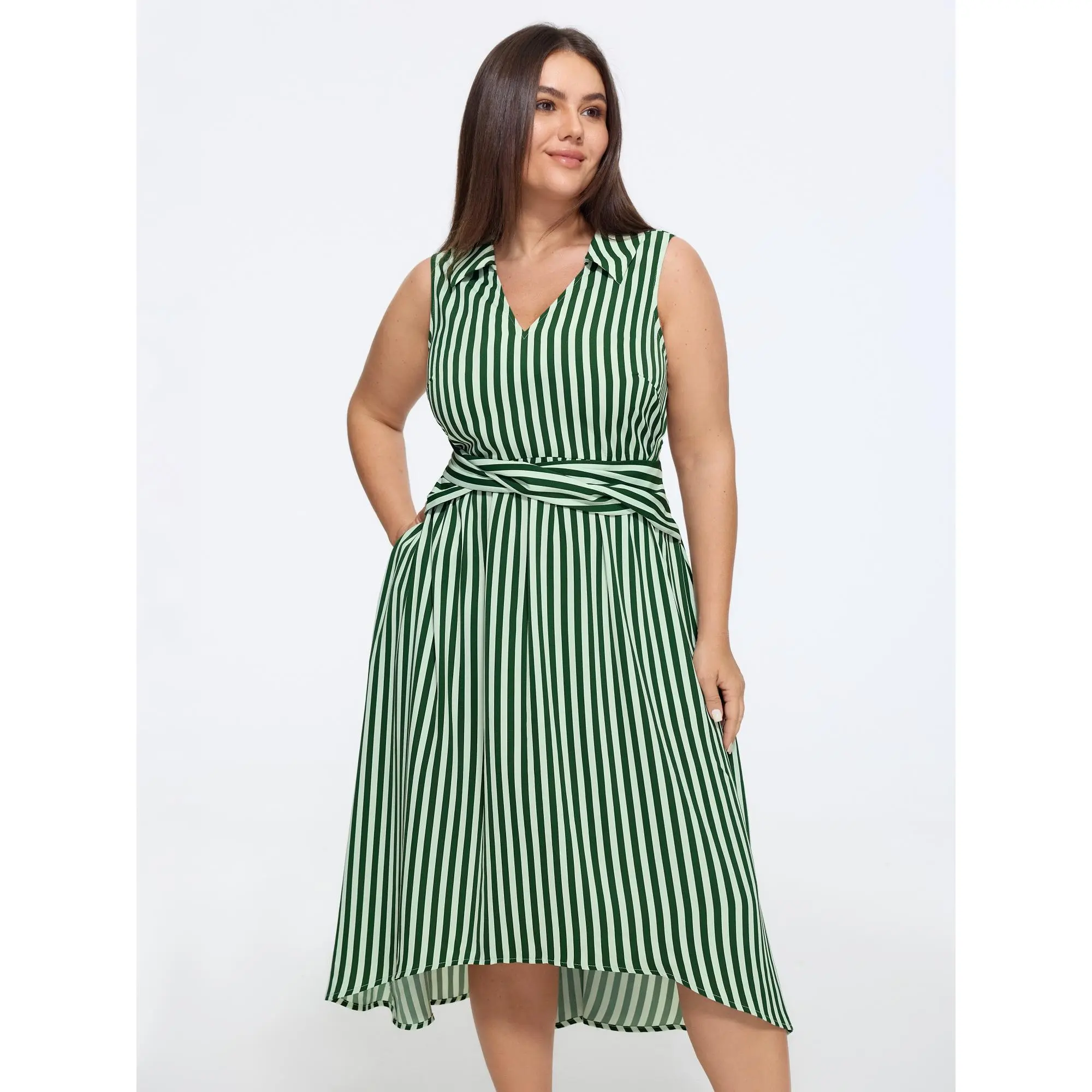 BLOOMCHIC Plus Size Stripe Print Waist Twist Knot Midi Dress[M-6X] 2026 Summerfinds, Polyester, Women, Smooth, Garment