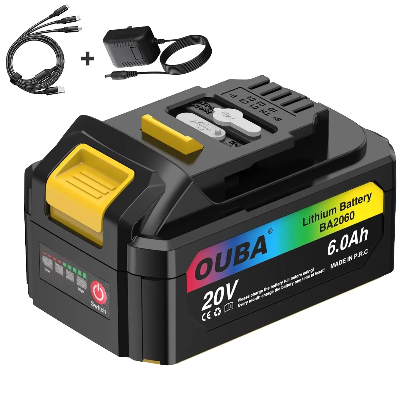 OUBA 20V 6.0Ah Lithium-ion Battery – Replacement for DeWalt DCB200/DCB205/DCB204/DCB206, Compatible with DCD/DCF/DCG Tools – High Capacity, Fast Charging, BMS Protection, Includes DC Adapter