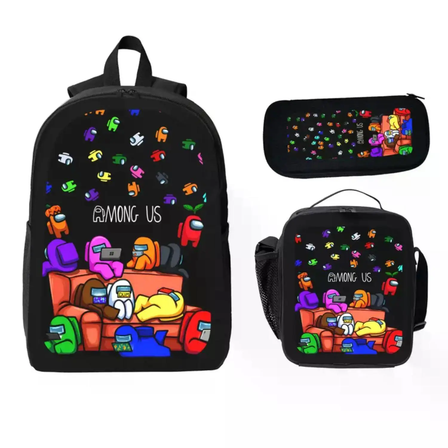 Among Us Cartoon Printed Backpack Set - 3 Piece Bookbag, Lunch Bag, Pencil Case | Durable Polyester Lightweight Large Capacity Back To School Supplies, Travel Daypack for Boys Girls Kids Teens Students | Viral Trendy Gaming Gift