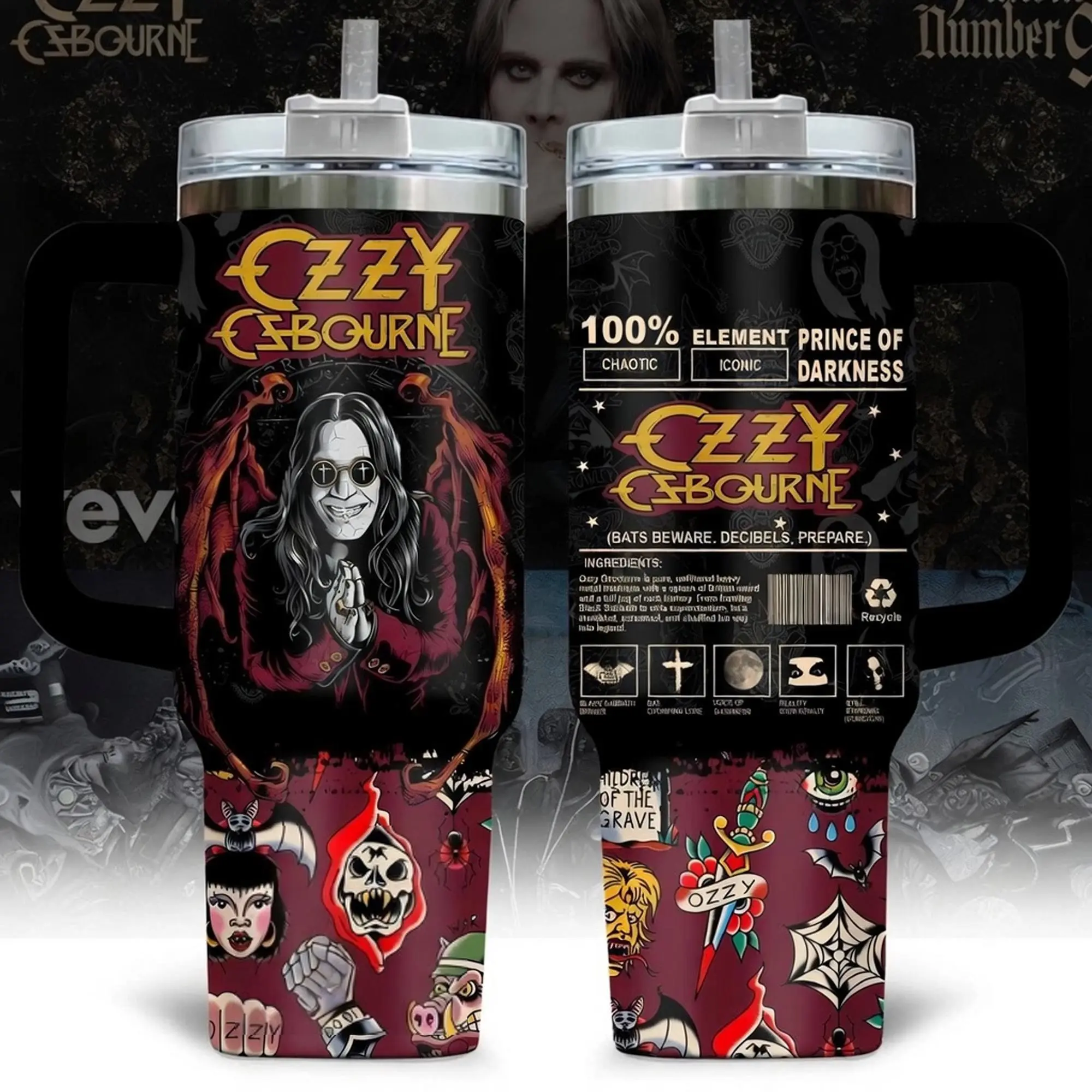 Ozzy 40oz Tumbler with Handle, Prince of Darkness Stainless Steel Travel Mug, Heavy Metal Rock Legend Insulated Cup with Straw, Double Wall Vacuum Tumbler, Gift for Ozzy Fans