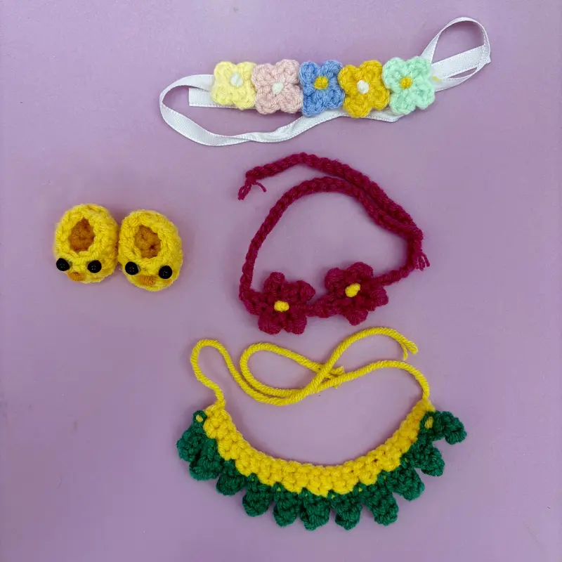 2025 New Cute Casual Comfortable Manual Crochet 4-Piece Bikini-Style Lafu Outfit Set for 6-7in Doll Toys, Beach Decoration Accessory, Includes Sweater, Overall, Shoes, Headbands & Flowers