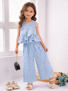 Girls' Summer Plaid Ruffle Sleeveless Two-Piece Set, V Neck Top with Ruffled Chest, Matching Wide Leg Pants, Sweet Style for Ages 3-8, Striped Sets