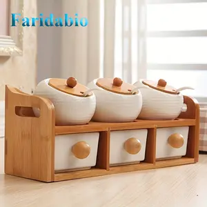 6pcs set of Japanese ceramic seasoning jar combination, with lid, spoon and double-layer wooden frame - rust proof kitchen seasoning container, suitable for home and restaurant use. Faridabio