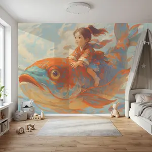 Flying Koi Adventure - Whimsical Girl on Giant Fish Mural, Dreamy Wallpaper for Kids Room, Playroom, or Nursery