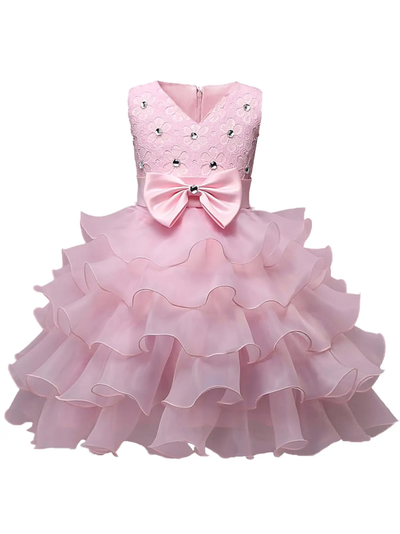 Girl's Plain Artificial Gemstone & Bowknot Decor Tiered Layer Mesh Tutu Dress, Cute Sleeveless V Neck Party Dress for Night Out Evening Banquet Weddin