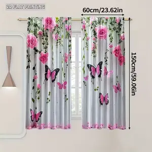 Butterfly Floral Print Curtains Set, Elegant Fabric Design, Ideal for Living Room Bedroom Kitchen, Home Decor Choice