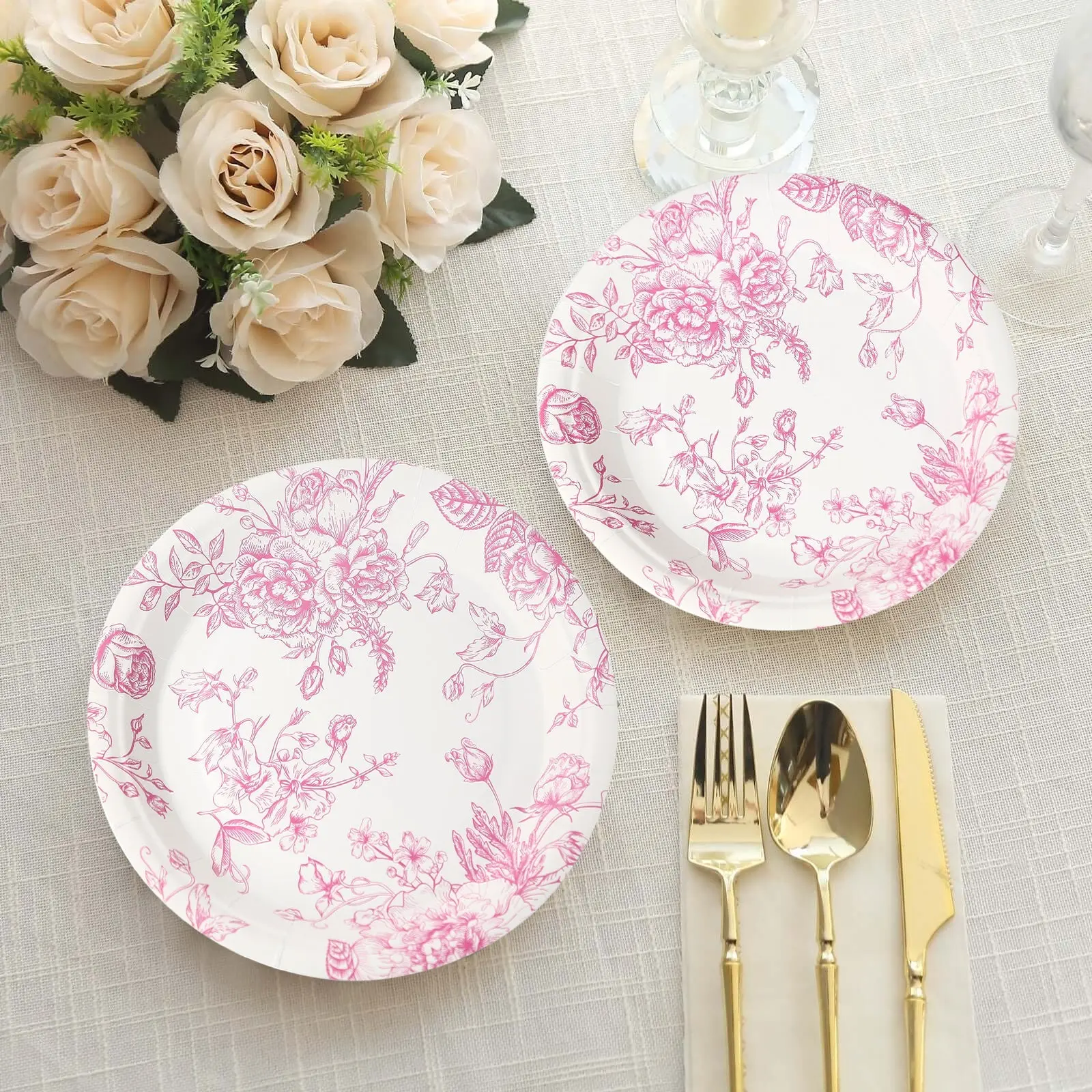 Disposable Dinnerware Sets - 25-Pack 7 in Fancy Disposable Round Paper Dessert Plates, White with Pink French Toile Pattern, for Salads, Appetizers, Party Events, Fancy Disposable Dinnerware