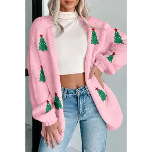 Light Pink Christmas Tree Print Open Front Drop Shoulder Knit Cardigan