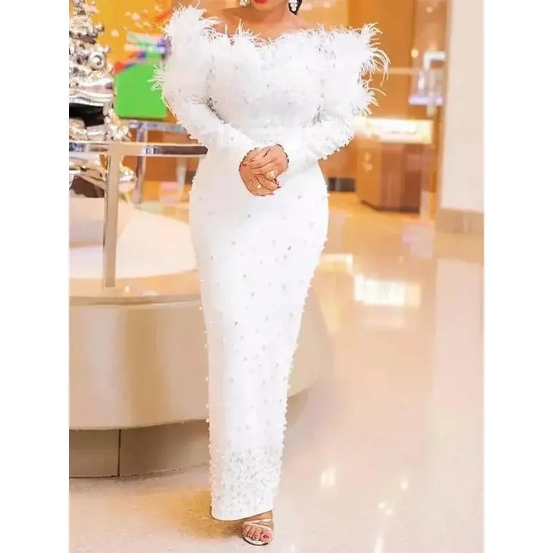 Feather beading party dress for women sexy off shoulder long sleeve elegant bodycon formal event evening wedding robe Womenswear Light Basic Minimalist