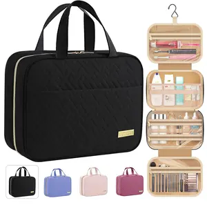 Hanging Travel Toiletry Bag, Waterproof Cosmetic Makeup Organizer with Large Compartments, durable & foldable design, medium size black travel accessory for men and women, perfect for storing toiletries and cosmetics, essential daily vacation and business