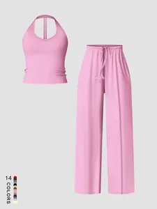 Women's Sporty Slimming Backless Sexy Vest Outdoor Sports Casual High Waist Straight Leg Loose Bell Bottom Pants Set