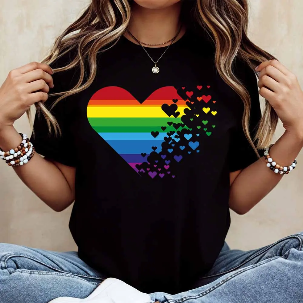 Rainbow Heart Print T Shirt White Casual Loose Fit For Everyday Wear And Light Activities