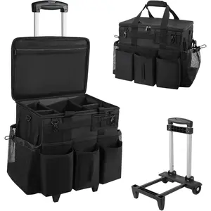 Rolling Cleaning Caddy Bag with Detachable Trolley, Large Cleaning Supplies Organizer with Wheels, Multi Pocket Cleaning Cart with Adjustable Shoulder Strap  Housekeepers & Home Use, Black