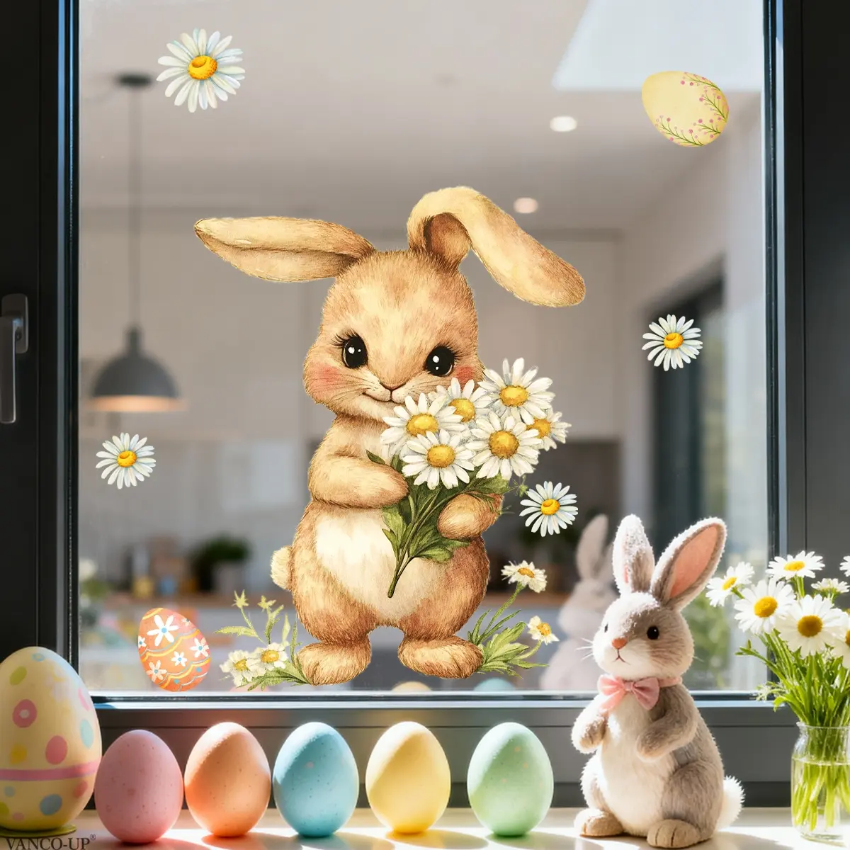 A 2D flat window sticker of an Easter bunny holding flowers and an Easter egg, sized 30*40cm, for window decoration, electrostatic glass sticker, D21134-NC