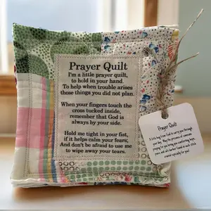 Vintage Prayer Blanket Square with Cross Inside, Mini Handmade Quilt, Colorful Stitched Blessing Poem Throw, Home Decor Gift Idea