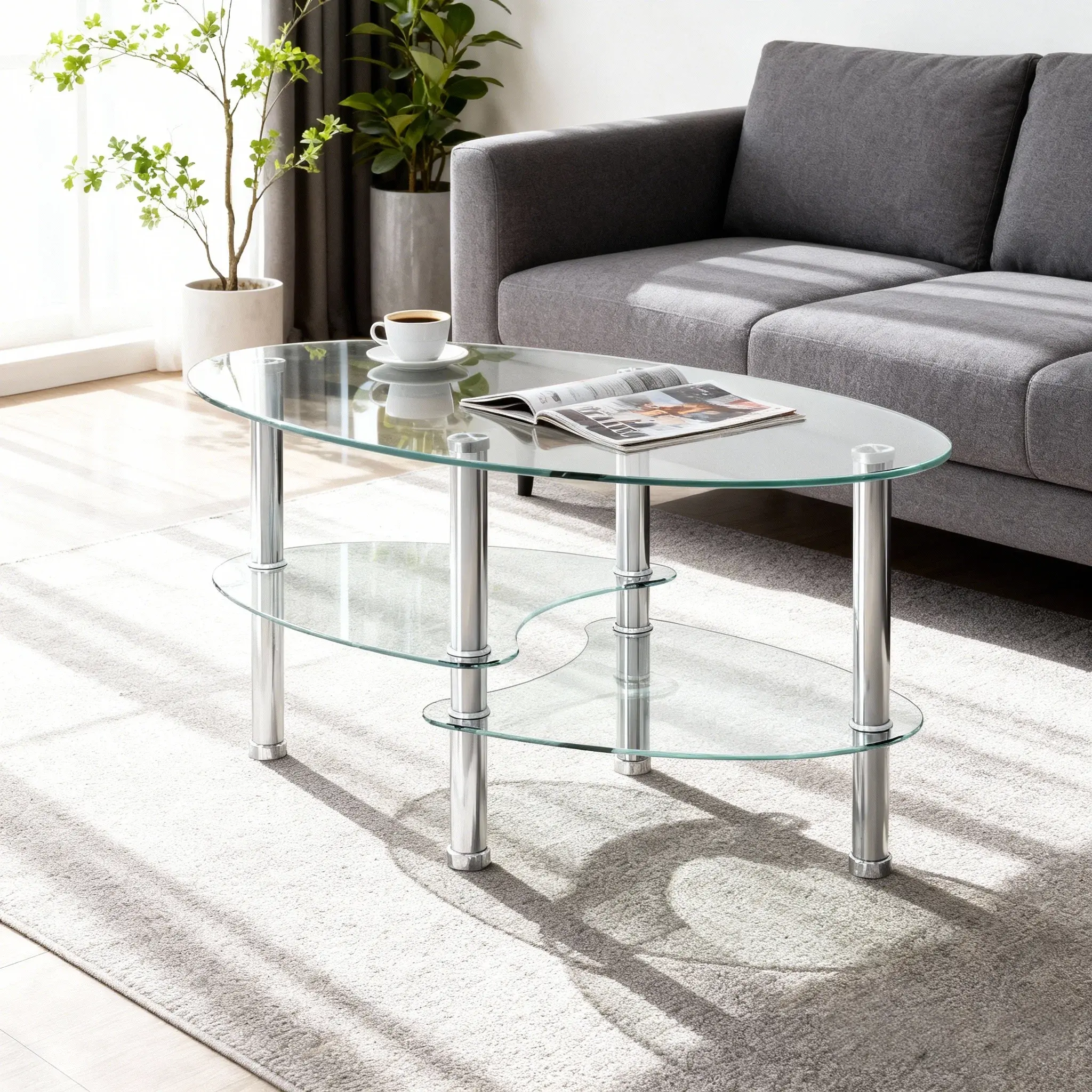 Transparent Oval Glass Coffee Table with Glass Tabletop, 3-Layer Design, Stainless Steel Legs, Modern Furniture for Living Room Storage & Easy Maintenance