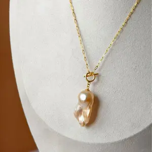 N501G Sparta Chain OT Clasp Baroque Pearl Pendant Necklace 22-25mm