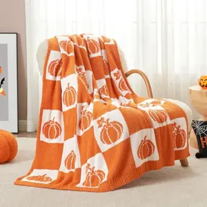 Eyesoul Snuggle Sac Fall Checkered Blanket Orange Pumpkin Throw Blanket for Couch, Bed, Sofa, 50x60 inches, Ribbed Jacquard Ultra Soft Decorative Blanket, Pumpkin Throw Blankets for Halloween Harvest Gifts