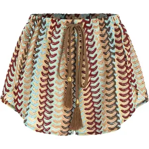 Crochet Cover Up Shorts for Women Beach Swimwear Boho High Waisted Drawstring Flowy Swim Bottom