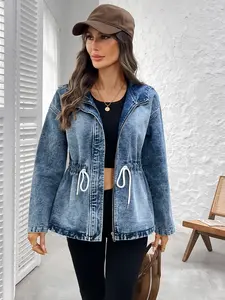 Women's Vintage Washed Hoodie Jeans Jacket, Zipper Adjustable Drawstring Waist Long Sleeve Casual Denim Coat, Stylish Retro Outerwear for Daily Wear