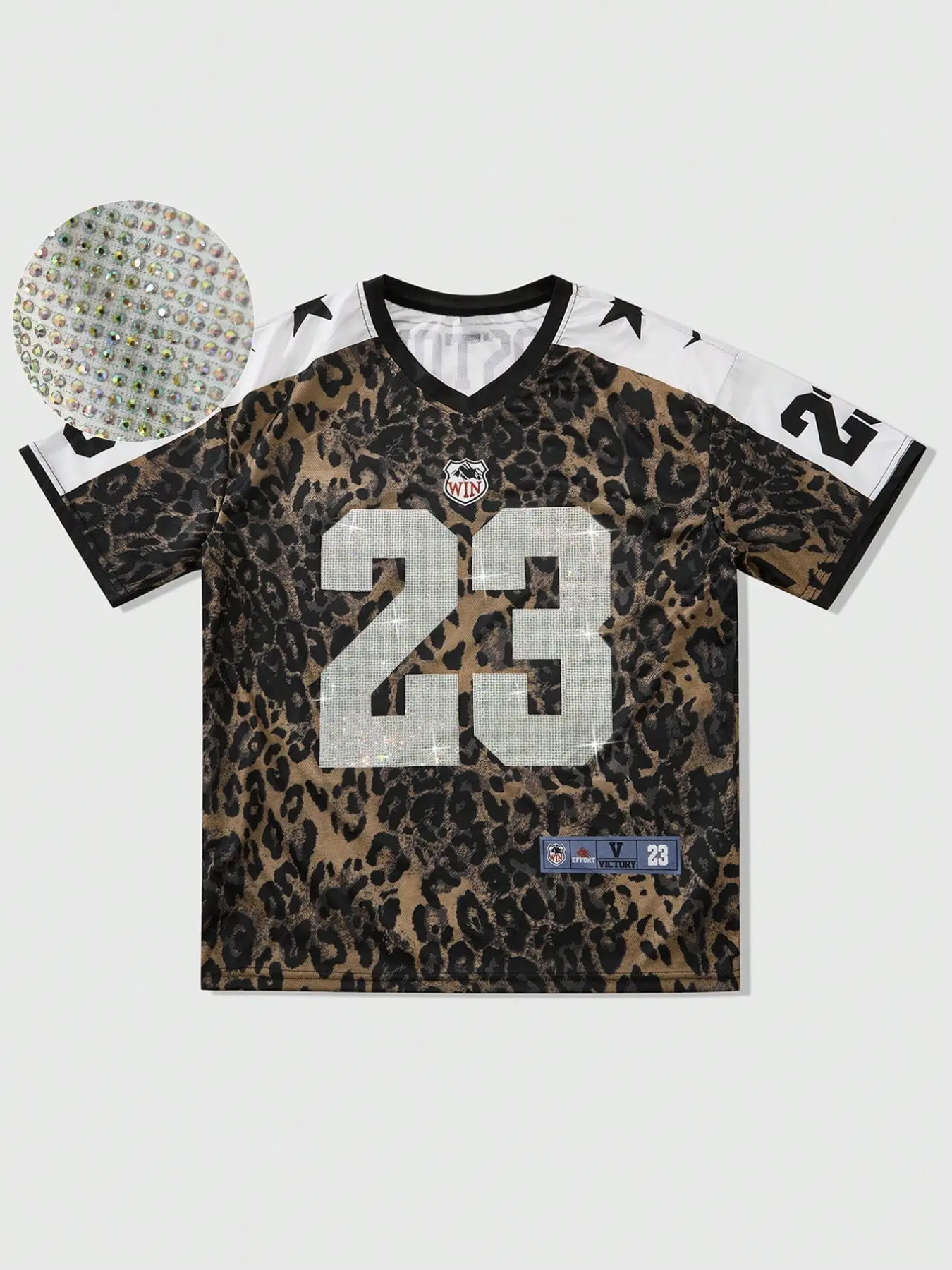 Trendy American Streetwear Victory 23 Casual Jersey, Leopard Print with Rhinestone Number Details, Loose Comfort Fit, Unisex Hip Hop Style Top