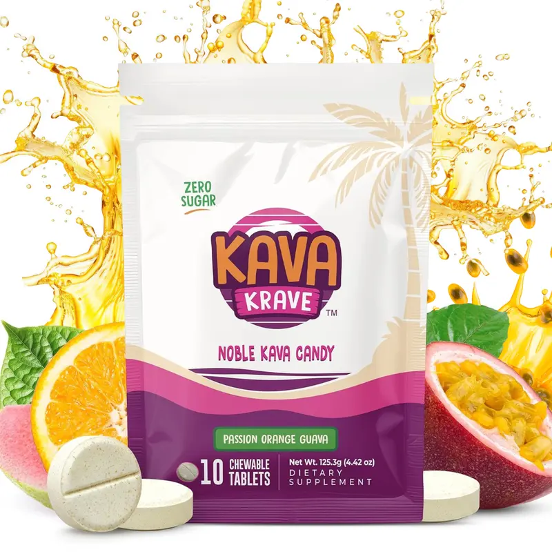 Kava Krave Noble Kava Candy – Passion Orange Guava Flavour Chewable Kava Tablets, Zero Sugar, Alcohol-Free, for Calm Energy & Stress Relief