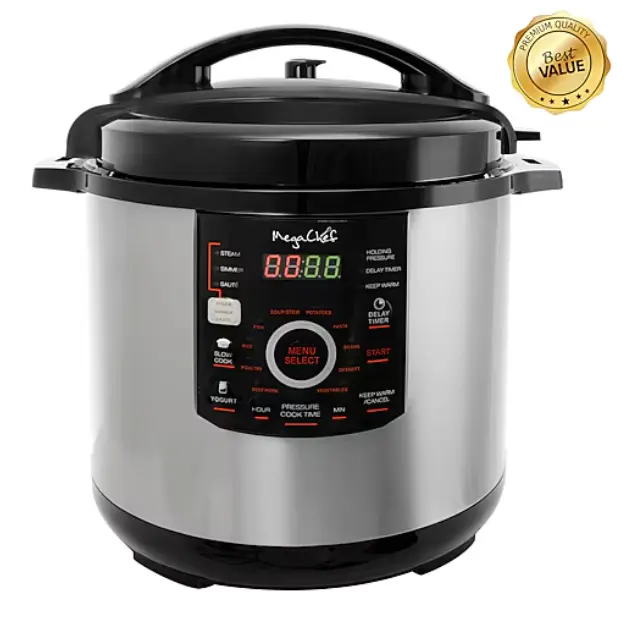 MegaChef 12 Qt Digital Electric Pressure Cooker - Stainless Steel Pot, Multi-Function Appliance with 1-Touch Controls, Rice Maker, Steamer, Slow Cooker for Large Family Meals, Kitchen Countertop Tool