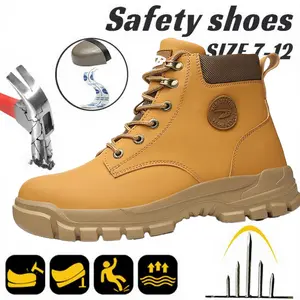 Men's Solid Color Classic High Top Plain Toe Safety Boots Comfy Non-Slip Durable Lace Up Work Shoes Warehouse Approved Anti-Smashing Anti-Stab