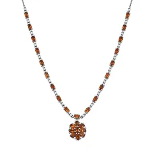 Hessonite Garnet White Zircon  925 Sterling Silver Rhodium Plated Necklace for Women Jewelry Birthday Christmas Gifts Size 18" Ct 7.3