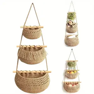 Boho Style Wall Hanging Storage Basket, 1 Set 3 Layer Handmade Rope Storage Basket, Multifunctional Home Decor for Living Room Bedroom Kitchen, Organiser, Organizer, Hangable