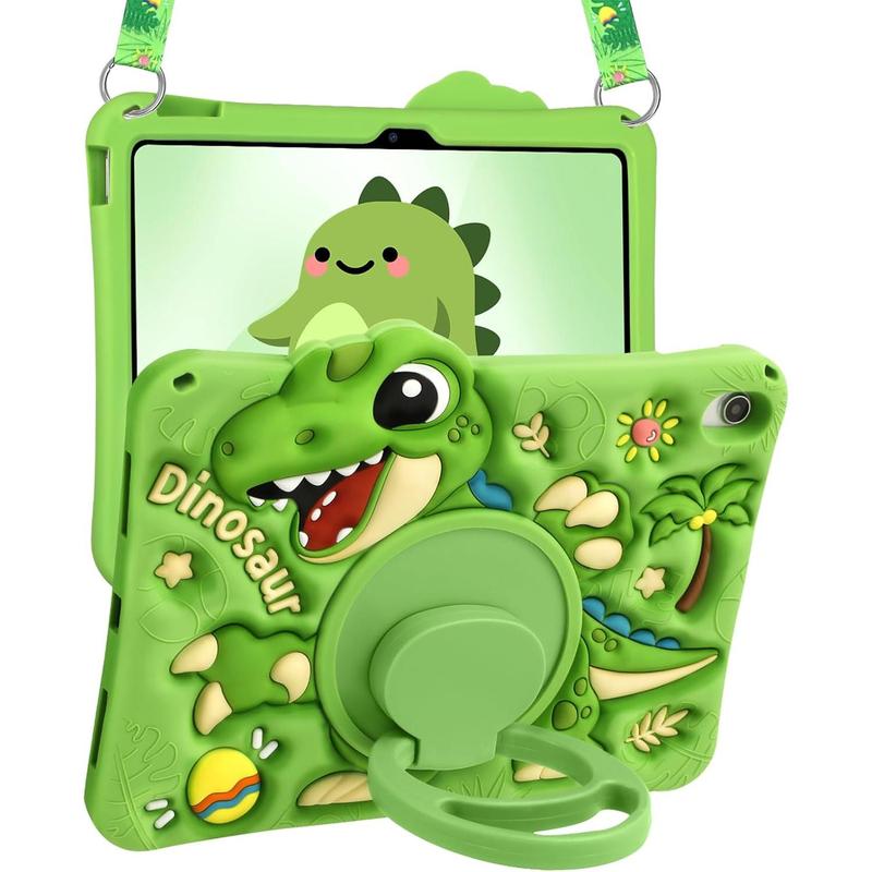 3C9-PHP016  for iPad A16 Case/10th Generation Case - Green Dinosaur Cool for Boys Girls Teens Soft Silicone Cute with Shoulder Strap & Rotating Stand Case for iPad A16 11th Generation 11 Inch 2025