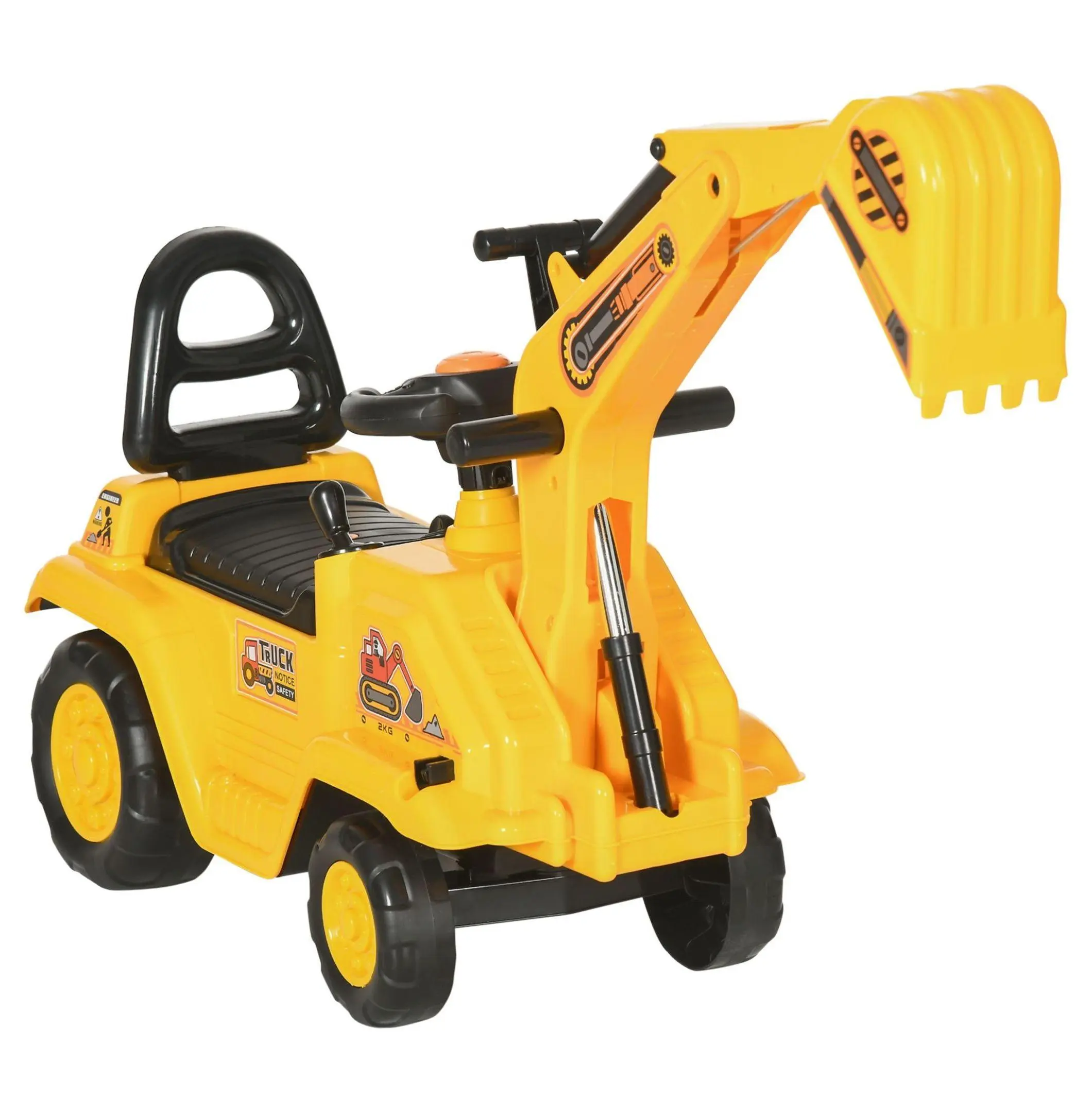 3-in-1 Ride On Excavator Digger Scooter & Cart, Construction Toy for Toddlers, Foot-to-Floor Power, Manual Digging, Under-Seat Storage, Yellow default