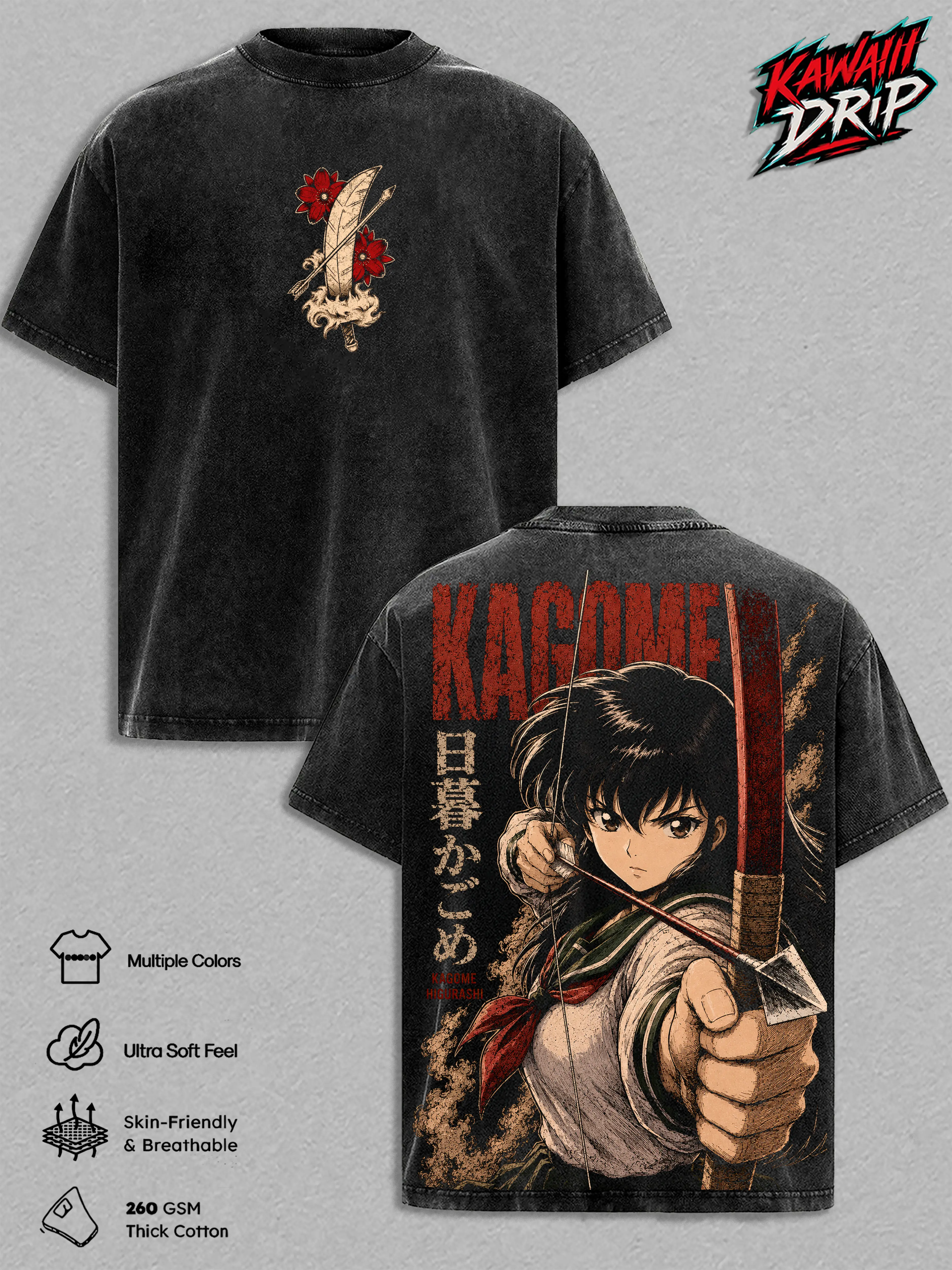 Kagome Higurashi Vintage Clothes Washed Anime Graphic Tee Manga Shirt Japan Anime T-Shirt Oversized Heavy Cotton Streetwear Top Apparel Classic Inuyasha Fan Gift for Men & Woman