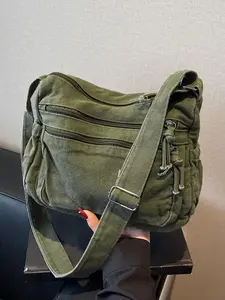 Retro distressed simple shoulder handbag, multi-zipper layered design, adjustable wide shoulder strap, versatile workwear style, practical shoulder messenger bag for daily commuting and outdoor activities, Casual Crossbody Bag, Casual Messenger Bags