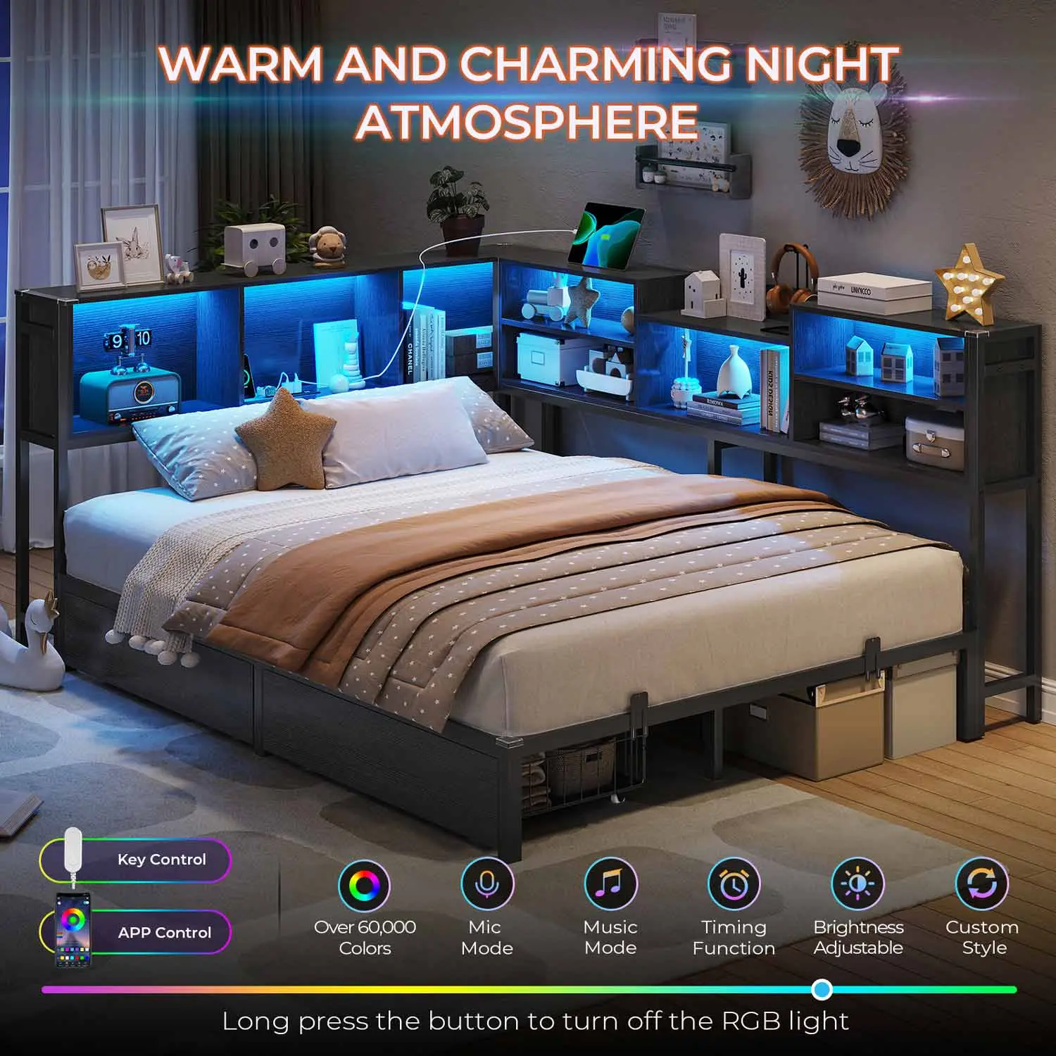 SIKAIC Modern Full Size RGB LED Platform Bed, Sturdy Black Bed Frame with Charging Station and USB Ports, Easy to Assemble, Sturdy Bed Frame,dorm essentials,home decor