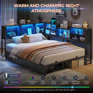 SIKAIC Modern Full Size Daybed with RGB LED Lights, Black Bed Frame with Charging Station and USB Ports, Easy to Assemble
