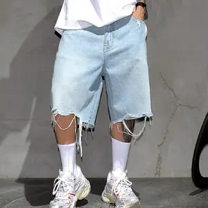 Summer New Men Streetwear Holes Loose Denim Shorts Stylish Male Solid Casual Straight Denim Five-point Pants