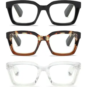 3 Pack Oversize Square Design Reading Glasses for Women, Blue Light Blocking Computer Reader (Black&Leopard&Transparent, 1.25)
