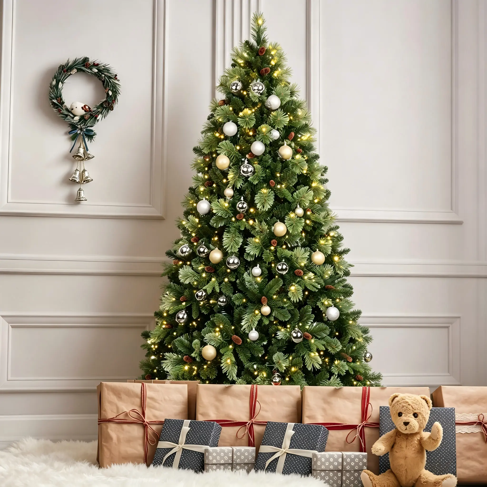 Pre-lit Carolina Pine Artificial Christmas Tree, PE-PVC Blended with Natural Pine Cones & Ornaments, Foldable Metal Stand for Home Office Holiday Decorations
