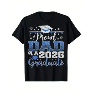 2026 Graduate Dad T-Shirt - Blue Glitter Graduation Cap & Star Print Cotton Tee, Loose Fit Comfortable Short Sleeve Crewneck for 2026 Graduation Ceremony Gift, Casual Daily Wear for Fathers (Year-Round)
