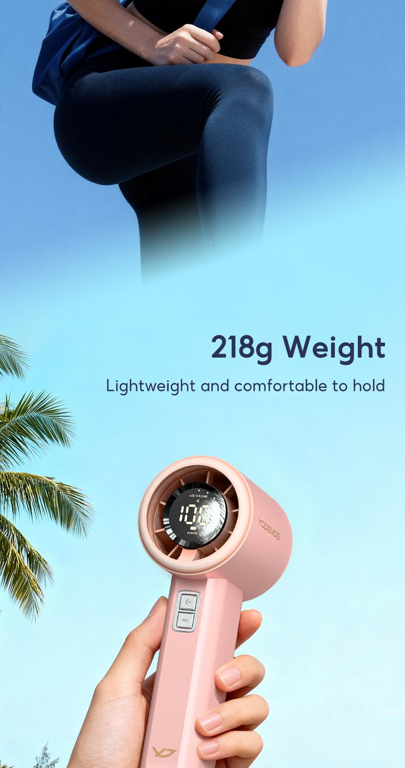 YodevoeThis portable handheld turbine fan features 100 speed settings, a built-in 4000mAh battery, and a runtime of up to 18 hours. This 3-in-1 rechargeable handheld fan utilizes turbine cooling technology and is suitable for outdoor activities.