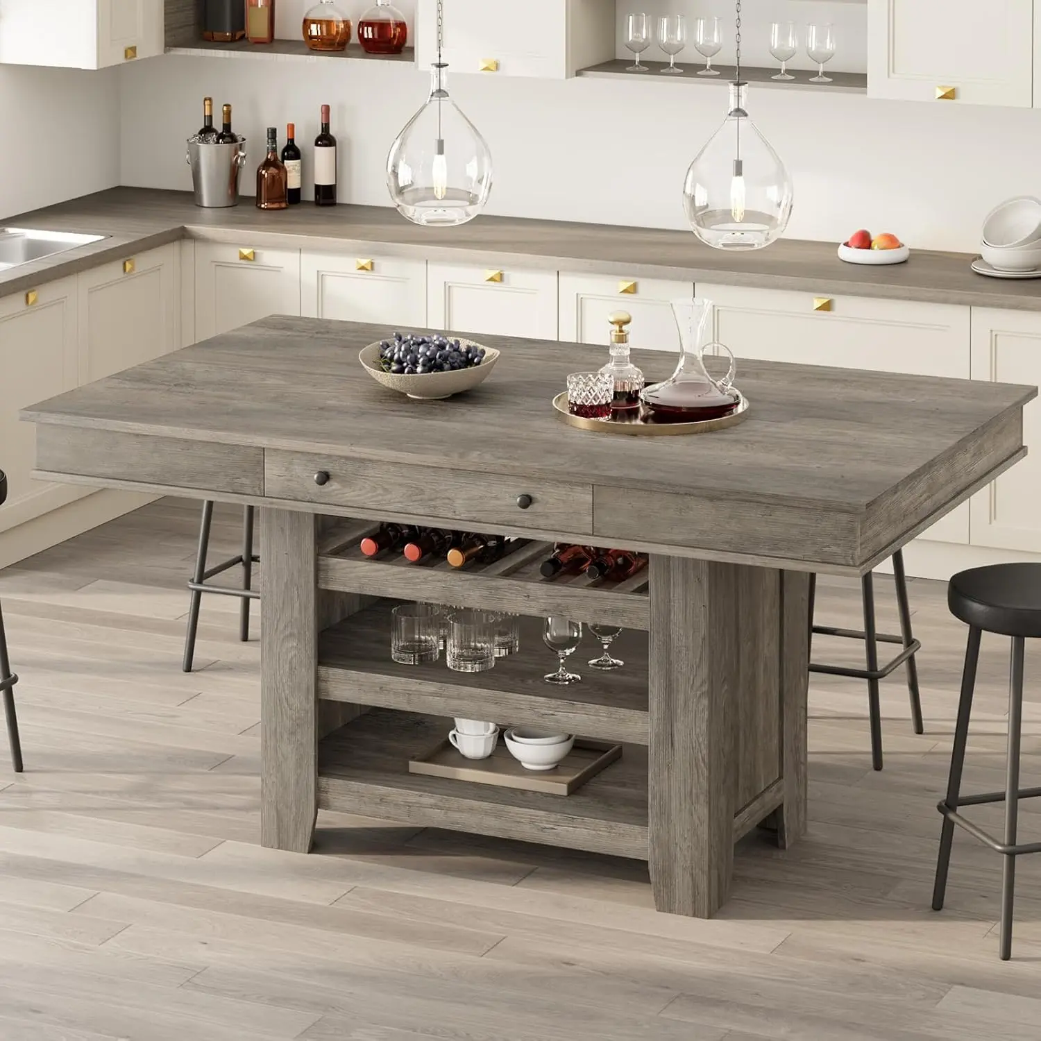 60" Counter Height Dining Table for 4, Farmhouse Rectangular Tall Bar Height Kitchen Dining Table & Thick Table Top, with Deepened Wine Rack & Shelves for Kitchen, Bar