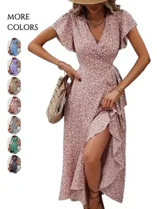 Women's Floral V Neck Wrap Dress, Short Sleeve Boho Style Bohemian, Vacation Wear, Loose Fit, Summer Fashion, Casual Elegant Design