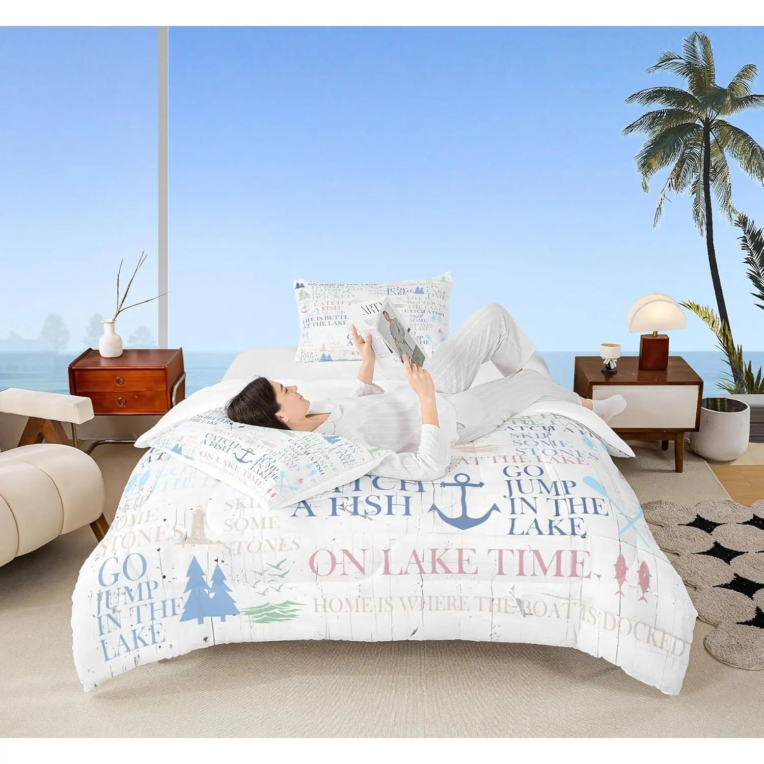 Feelyou Nautical Boating Theme Quilted Stitch Polyester Comforter Set - Breathable Soft, Skin Friendly, Soft Lightweight Blanket Bedding, Multi-Size, Indoor-Outdoor, Travel-Ready, Room Decor for Teens, Breathable Soft Blanket