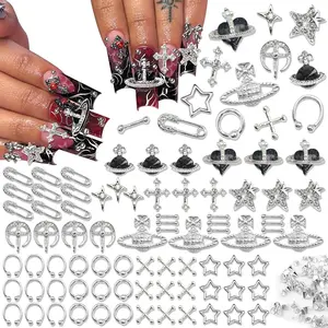 190PCS 3D Nail Charms - Silver Star Cross Planet Rivet Punk Cone Jewels for Acrylic Nails, Nail Jewelry, Bedazzling Nail Charms